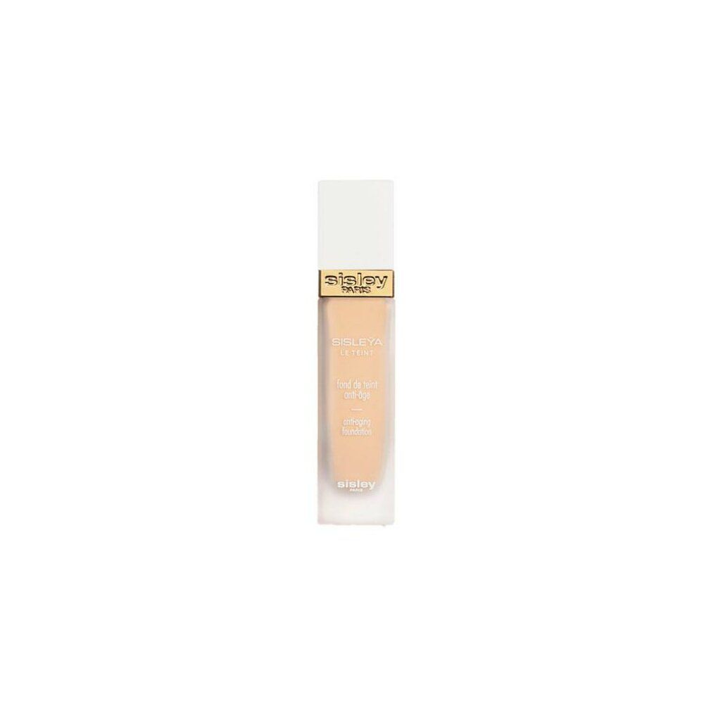 Sisley Le Teint Foundation. Flakon mit weißem Deckel und goldfarbenem Schriftzug. Produktname und Farbton auf dem Flakon.