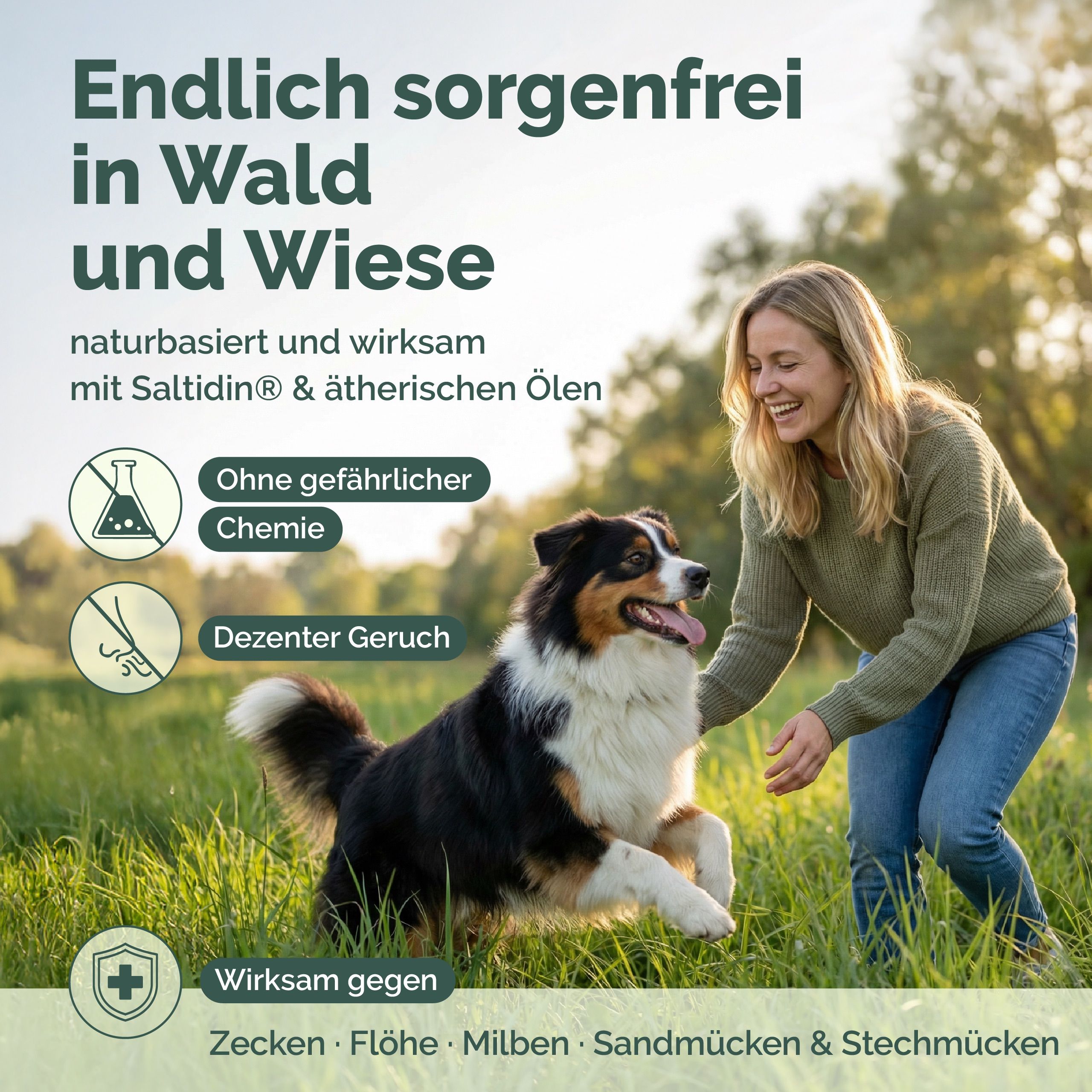Frau und Hund spielen im Gras. Text: natur-basiert und wirksam mit Saltidin & ätherischen Ölen. Wirksam gegen Zecken, Flöhe, Milben.