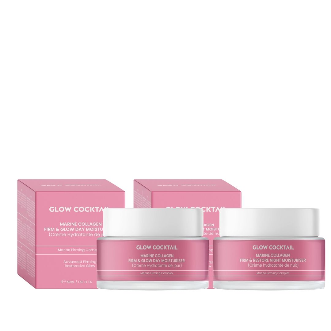 Zwei rosa Tiegel und zwei rosa Schachteln. Aufschrift: Glow Cocktail, Marine Collagen, Firm & Glow Day Moisturiser.