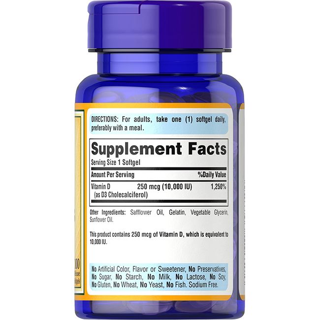 Rückseite einer blauen Flasche. Gelbes Etikett mit Informationen zu Vitamin D3. Inhaltsstoffe, Nährwertangaben und Hinweise.