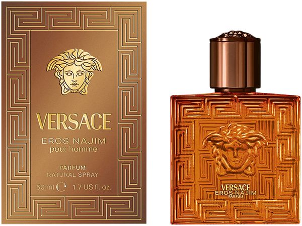 Versace Eros Najim Parfum Flakon und Schachtel mit Medusa-Kopf und geometrischem Muster.