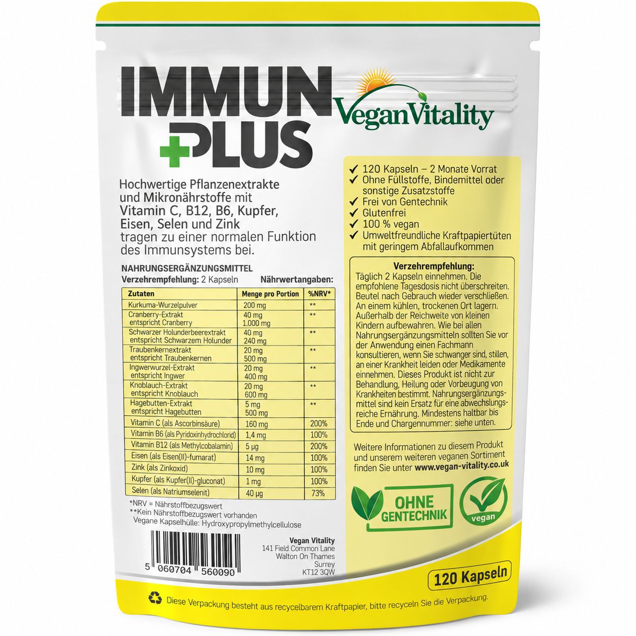 Pouch with IMMUN PLUS, vegan, 120 capsules. Contains plant extracts, vitamins C, B12, B6, copper, iron, zinc.