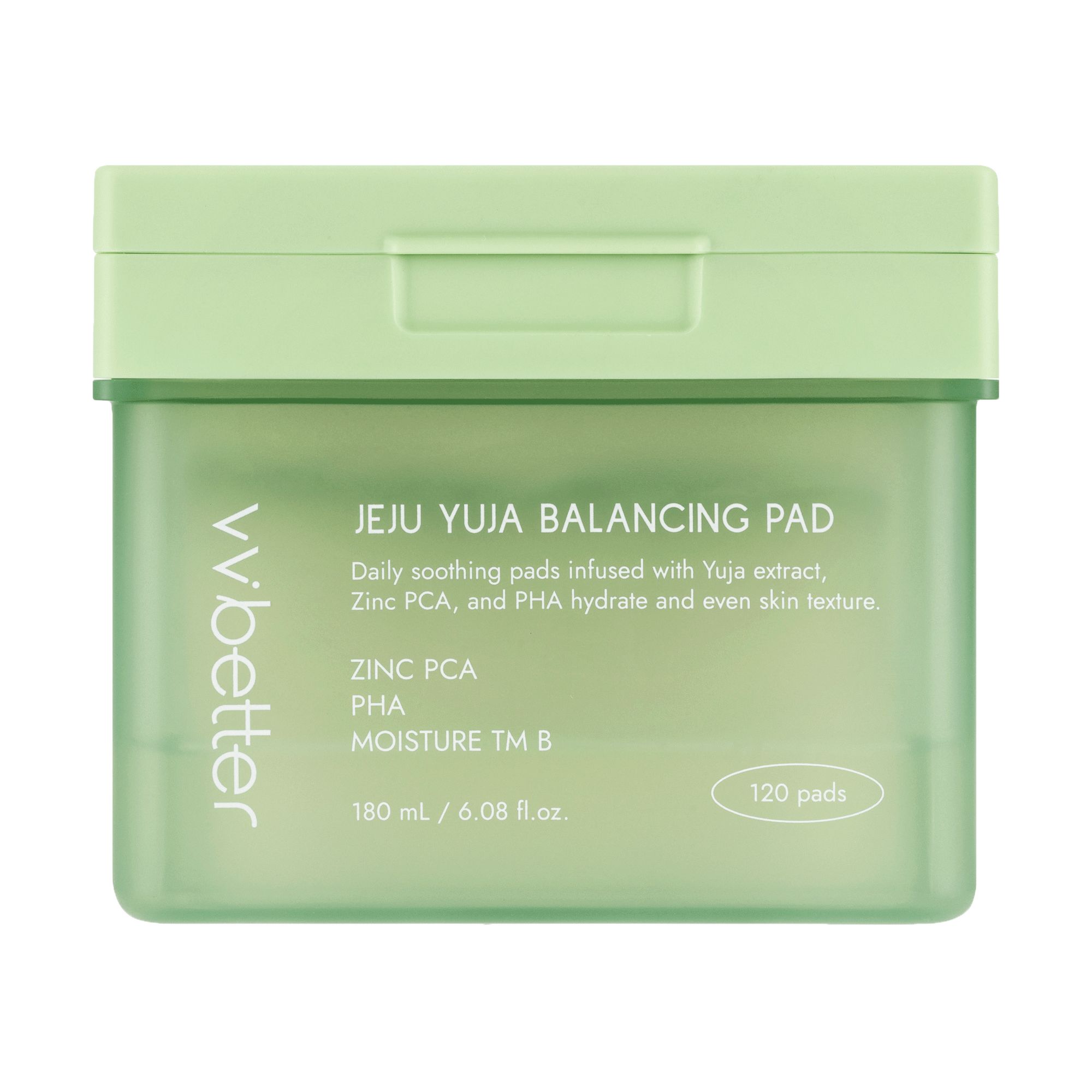 Grüne, quadratische Dose mit Deckel. Aufschrift: Jeju Yuja Balancing Pad. Enthält 120 Pads. Marke: vvbetter.