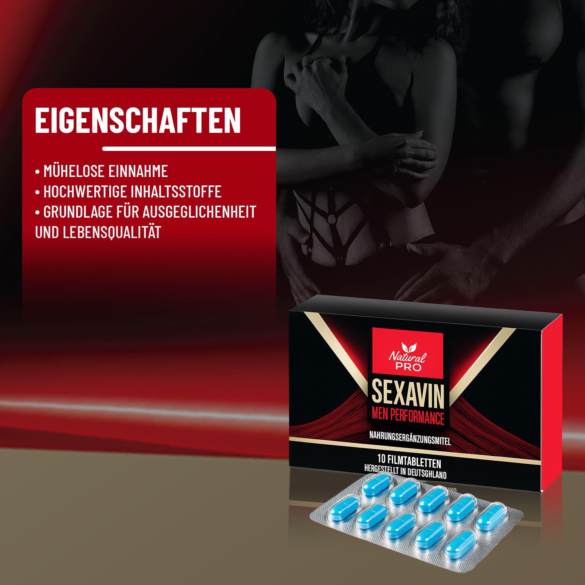 Produktbox "SEXAVIN" und Tablettenblister. Text: "EIGENSCHAFTEN". Paar im Hintergrund.