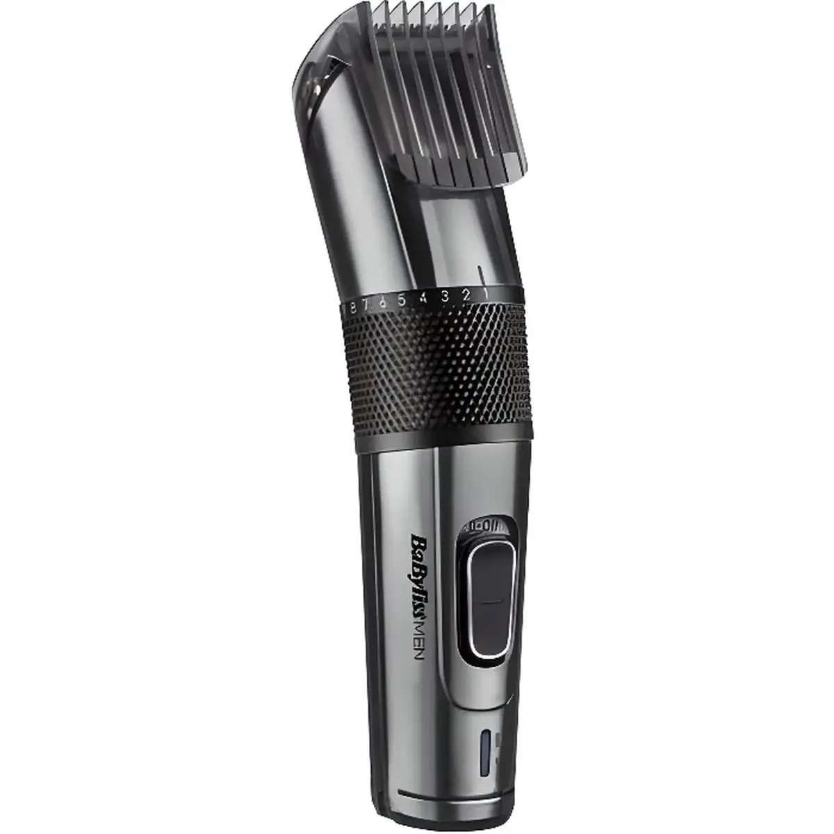 Haarschneider mit schwarzem Griff und silberfarbenem Scherkopf. Einstellbare Schnittlängen. Marke BaByliss MEN.