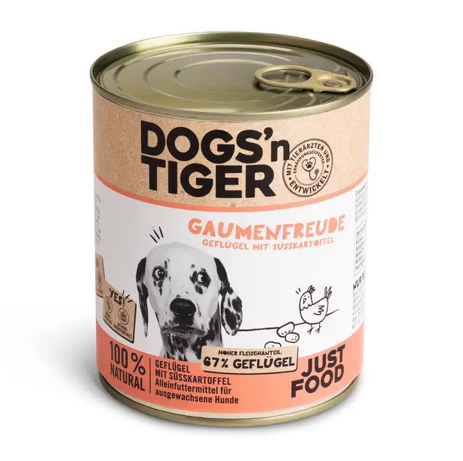 Hundefutterdose "Dogs'n Tiger". Aufdruck: Hund, "Gaumenfreude", "Geflügel", "100% Natural".