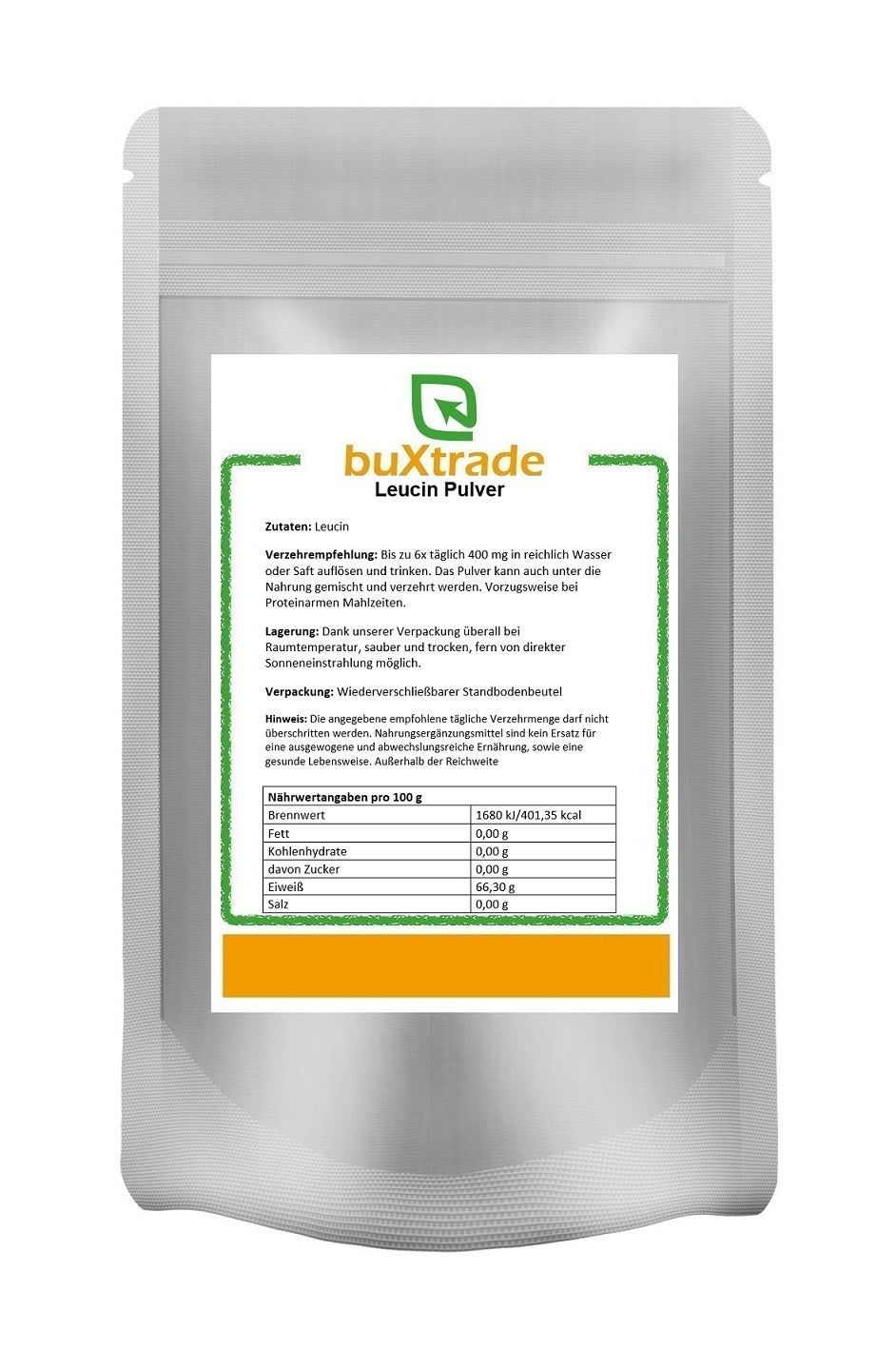 Beutel mit Leucin Pulver. Aufschrift: buXtrade, Leucin Pulver. Nährwertangaben pro 100g. Wiederverschließbarer Standbodenbeutel.