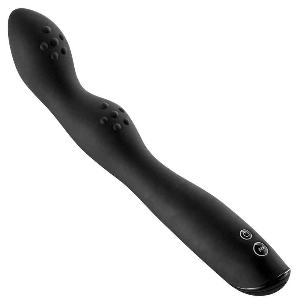 Schwarzer Vibrator mit geschwungener Form, Rillen und Bedienknöpfen.