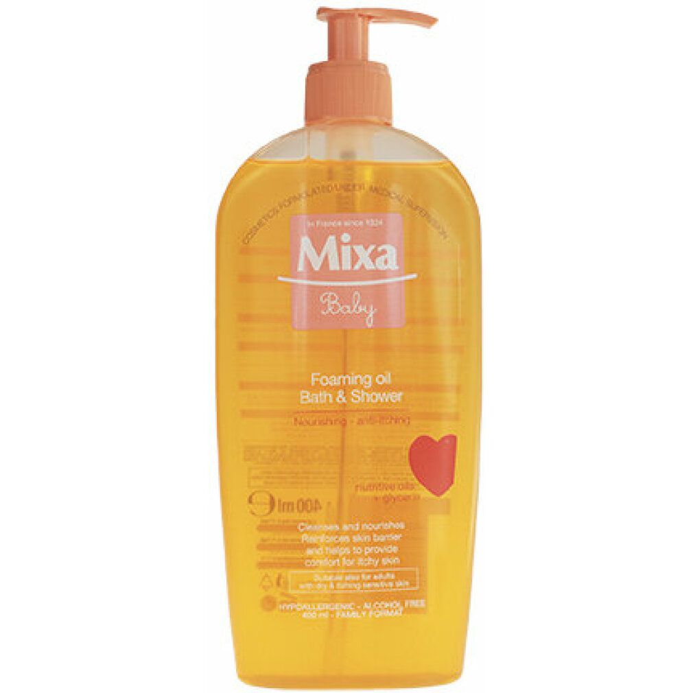 Mixa Baby schäumendes Bade- und Duschöl. Transparente Flasche mit Dosierpumpe. Orangefarbenes Etikett mit Produktnamen und Herzsymbol.