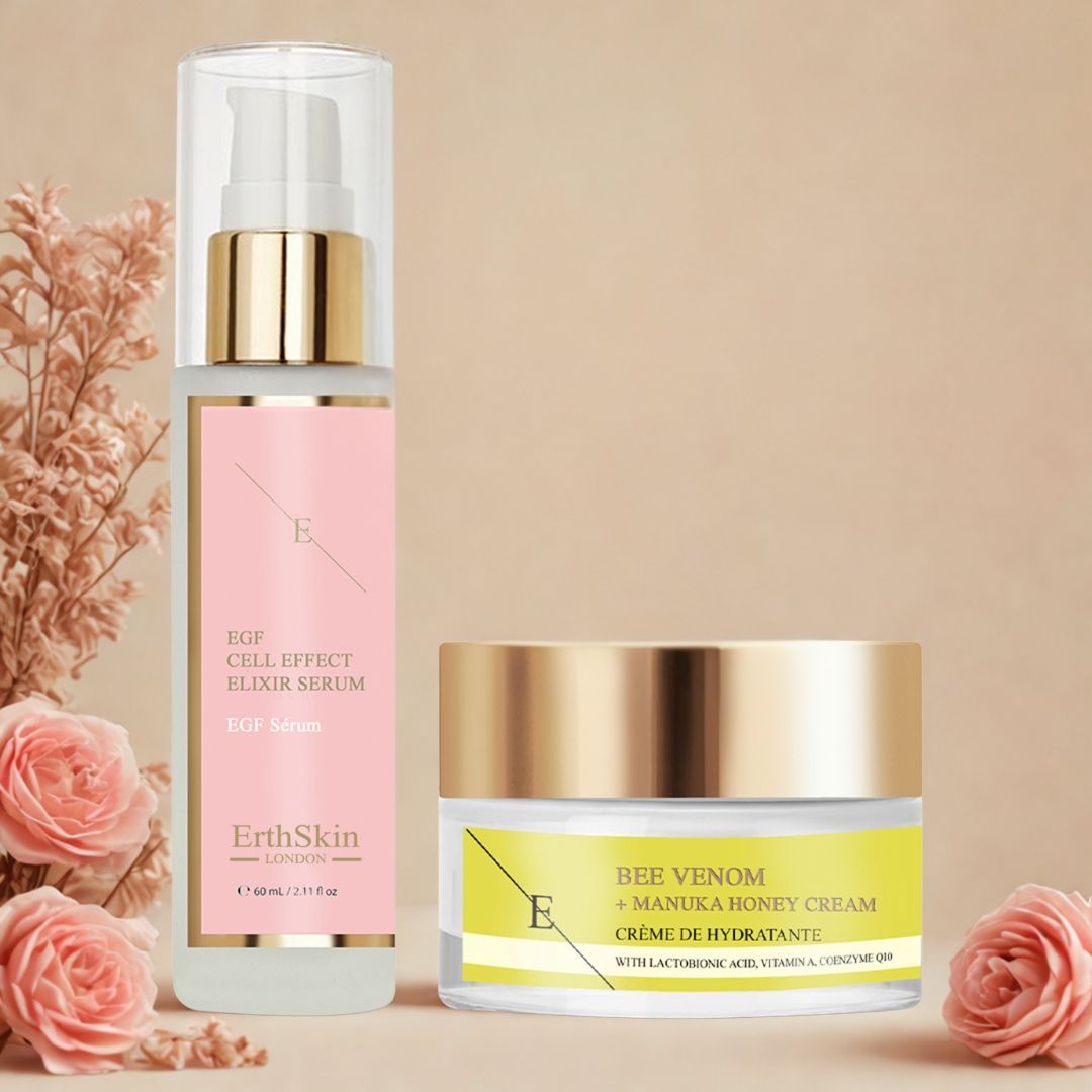 Kosmetikprodukte mit goldfarbenen Deckeln und Etiketten. ErthSkin London-Logo. Rosen im Hintergrund.