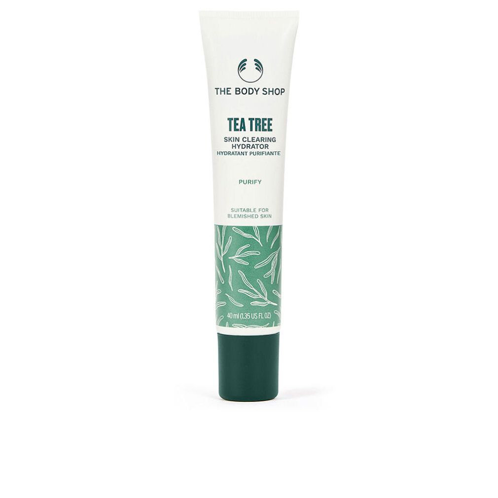 Creme-Tube mit grünem Deckel. Text: Tea Tree Skin Clearing Hydrator. Geeignet für unreine Haut.