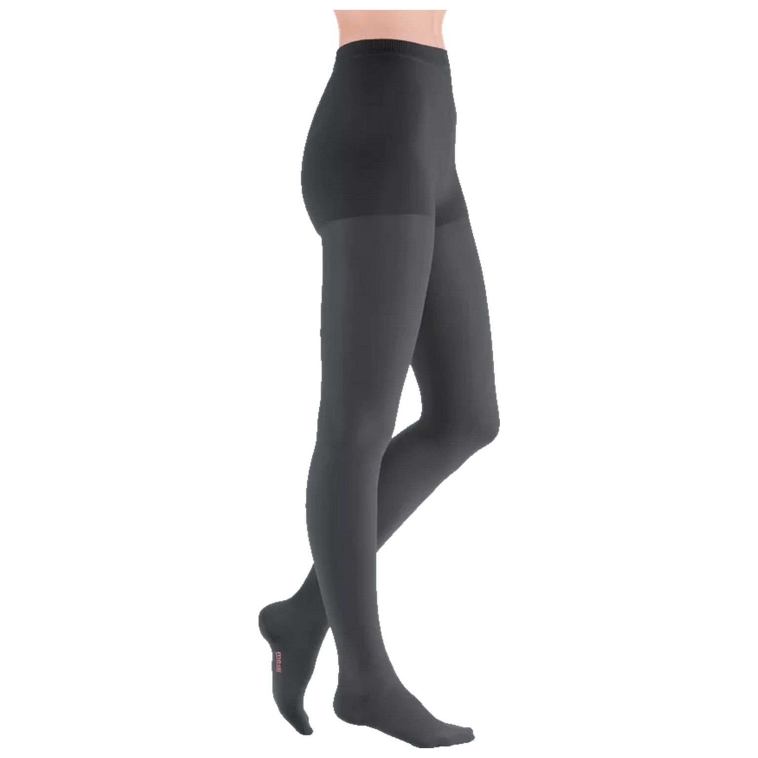 Kompressionsstrumpfhose, grau, seitliche Ansicht. Zeigt das Produkt am Körper. Keine weiteren Details.