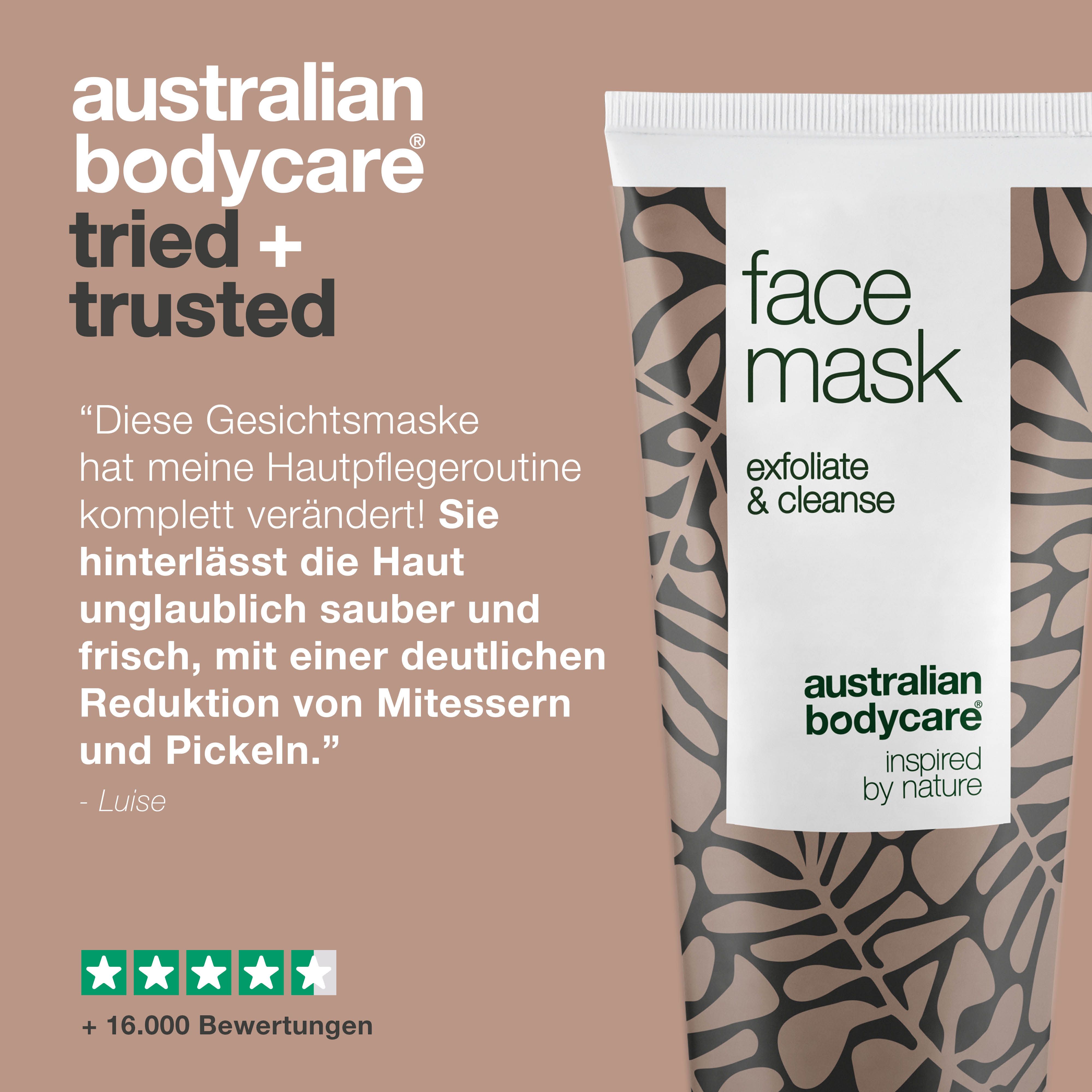 Gesichtsmaske-Tube, Text: Face Mask, exfoliate & cleanse, Australian Bodycare. Text: +16.000 Bewertungen, 5 Sterne.