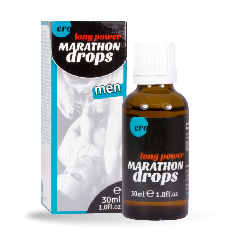 Glasflasche und Schachtel "Marathon Drops". Text: "men", "30ml", "1.0 fl.oz". Marke: "ero".