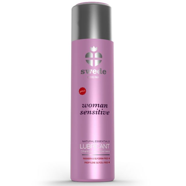 Rosa Flasche mit silbernem Deckel. Aufschrift: woman sensitive, Lubricant.