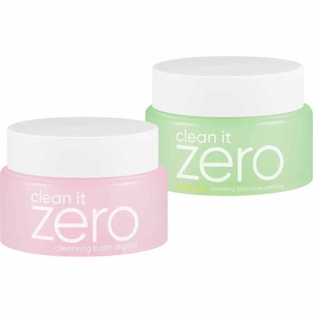 Zwei Tiegel mit Reinigungsbalsam: ein pinker und ein grüner.