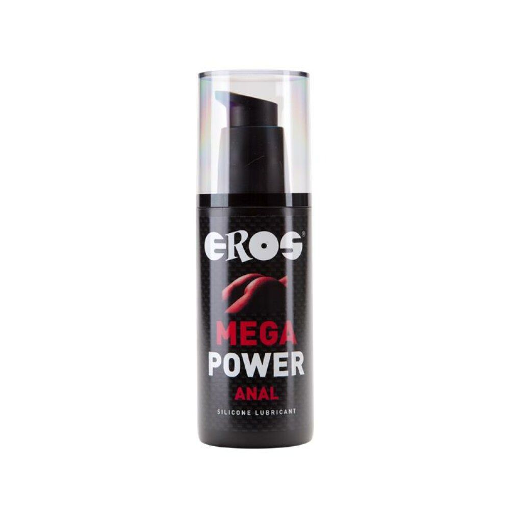 Schwarze Flasche mit Pumpe. Aufschrift: EROS MEGA POWER ANAL SILICONE LUBRICANT. Transparentes Etikett.