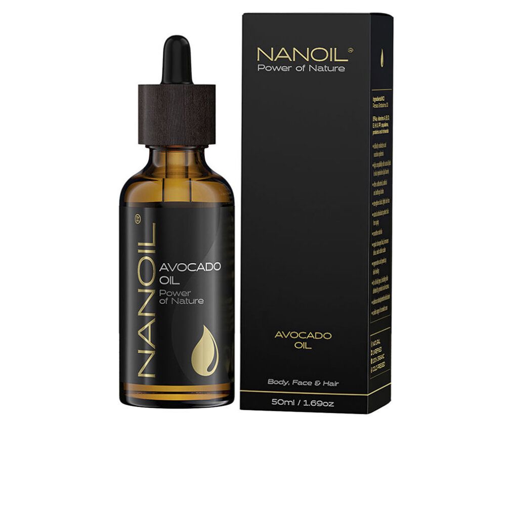 Braune Glasflasche mit Pipette und schwarzer Verpackung. Aufschrift: NANOIL Avocado Oil. Power of Nature. Für Körper, Gesicht & Haar.