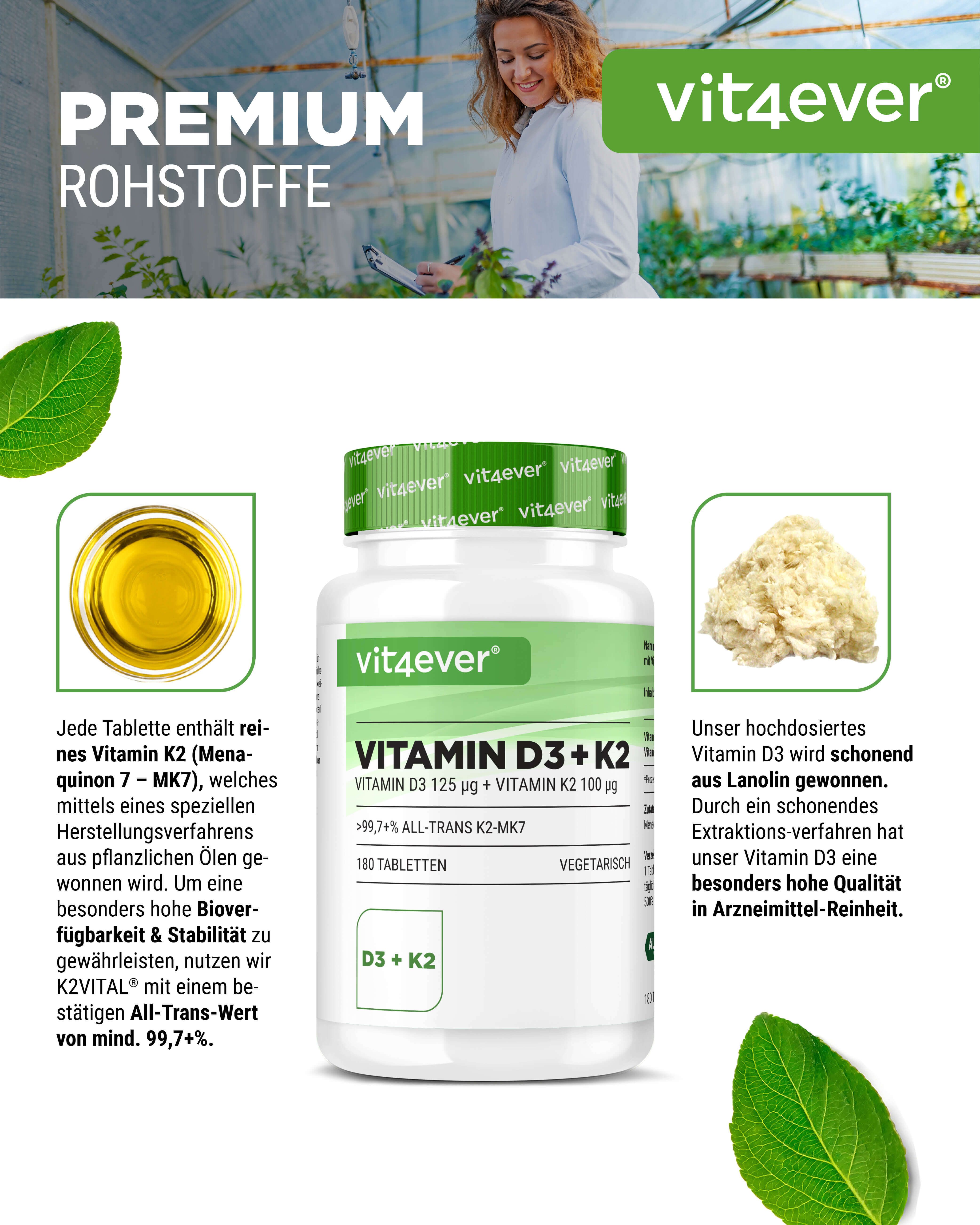 Flasche vit4ever Vitamin D3 + K2. Nebenbilder: Öl und Rohstoff. Text: Premium Rohstoffe. 180 Tabletten, vegetarisch.