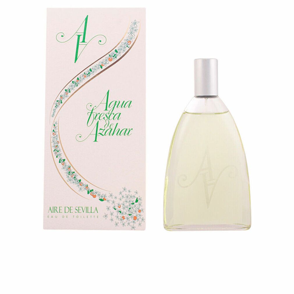 Flakon und Verpackung von Aire de Sevilla Agua Fresca de Azahar. Flakon mit silbernem Verschluss. Verpackung mit Schriftzug.
