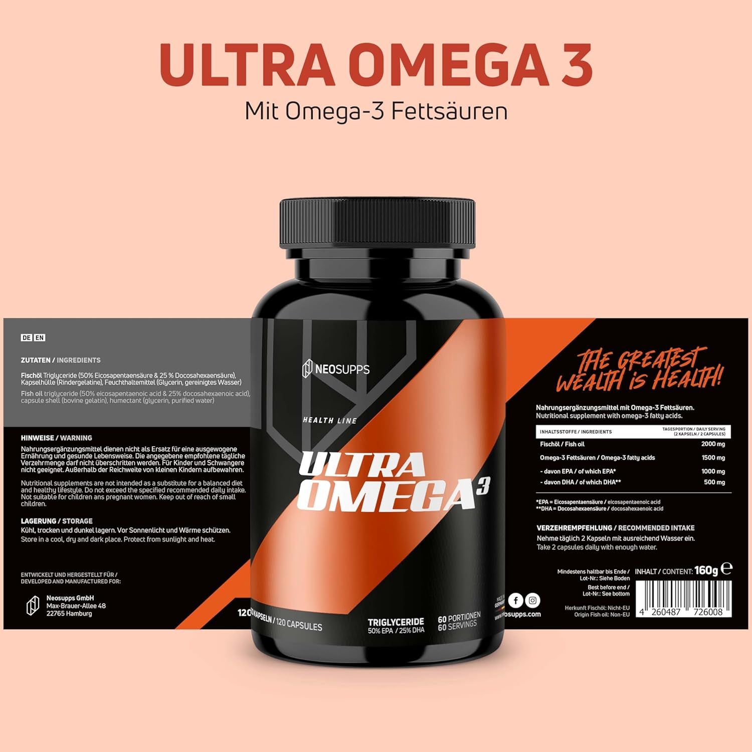 Schwarze Flasche mit orangefarbenem Etikett. Text: Ultra Omega 3. Aufgeklapptes Etikett mit Text. 120 Kapseln. 60 Portionen.