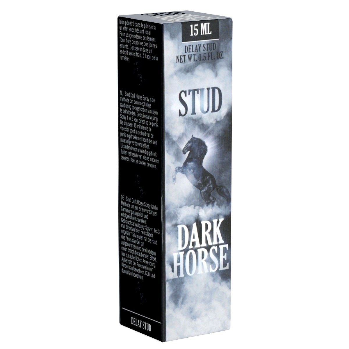 Schwarze Verpackung mit "STUD DARK HORSE"-Logo. Oben steht "15 ml". Ein aufsteigendes Pferd ist abgebildet.