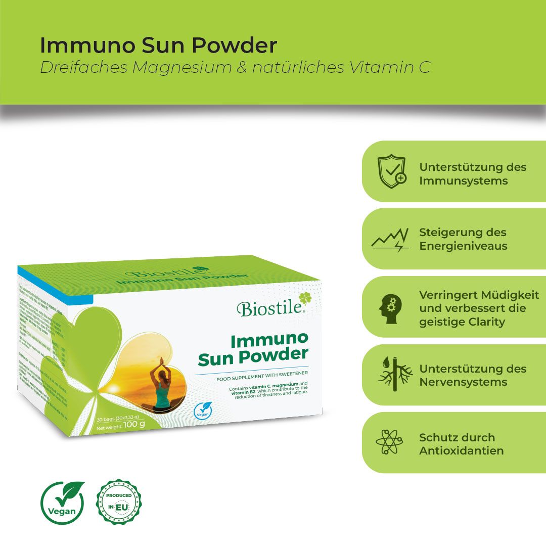 Produktverpackung von Biostile Immuno Sun Powder. Text: Dreifaches Magnesium & natürliches Vitamin C. Grafiken mit Vorteilen.