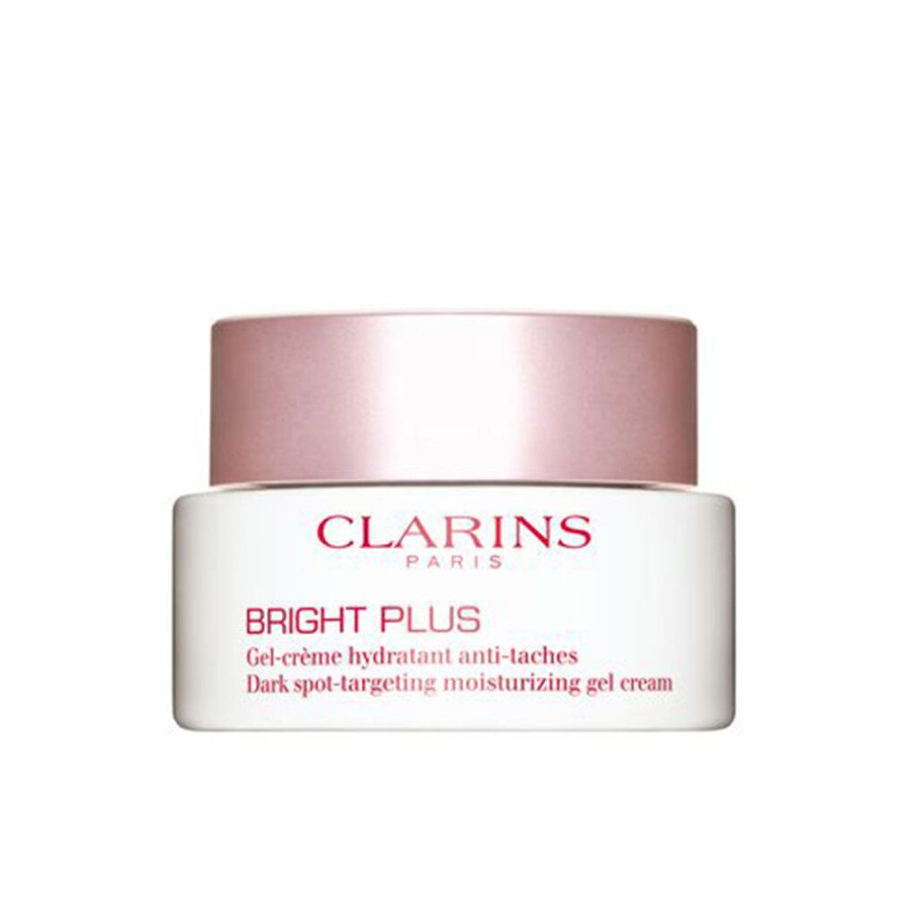 Weißer Tiegel mit rosa Deckel. Aufschrift: CLARINS PARIS, BRIGHT PLUS. Gel-Crème hydratant anti-taches. Dark spot-targeting moisturizing gel cream.