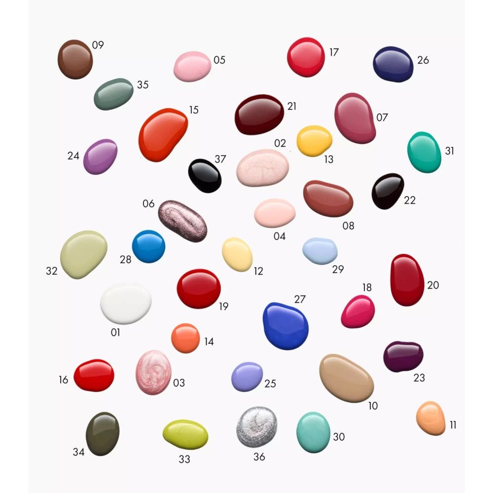 Verschiedene Farbtropfen von Nagellack. Die Tropfen sind nummeriert. Viele Farben sind vorhanden.