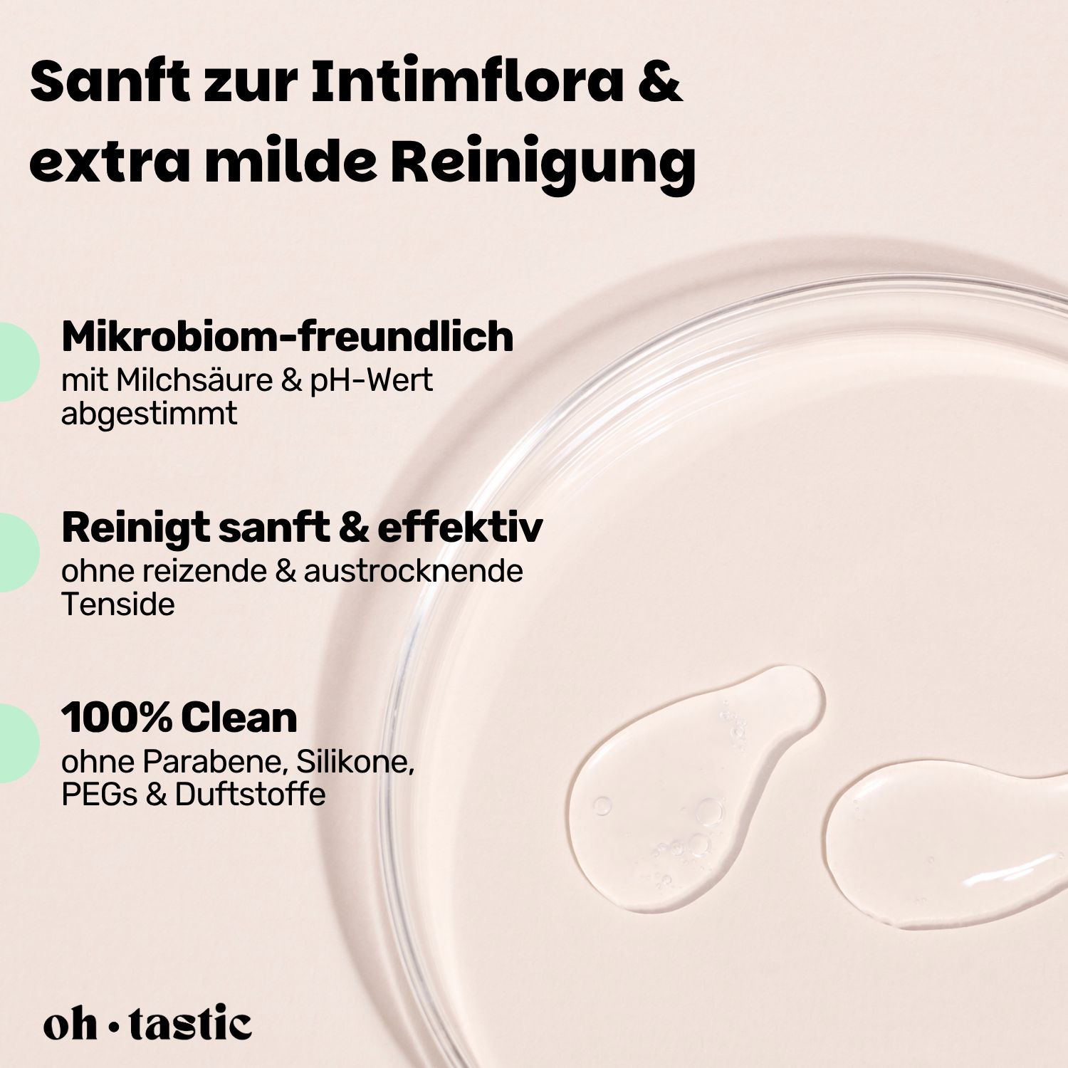 Produkt auf hellem Hintergrund. Text: Mikrobiom-freundlich, Reinigt sanft & effektiv, 100% Clean. Produktlogo.