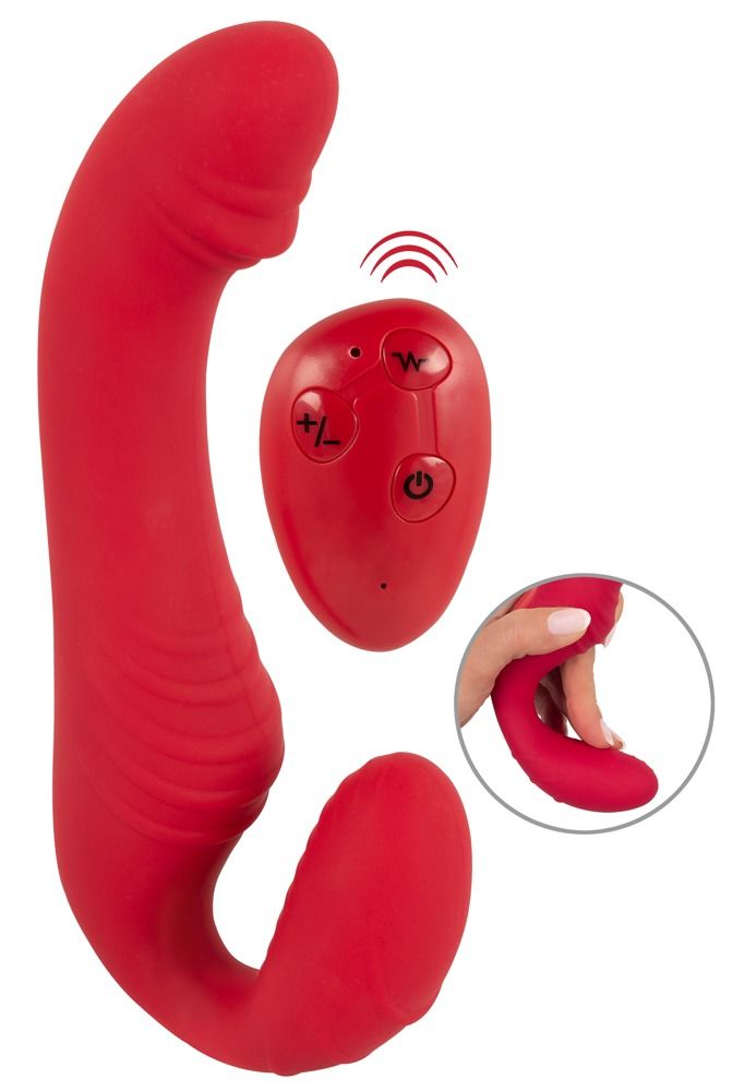 Roter Vibrator mit Fernbedienung. Gebogene Form. Drei Knöpfe auf der Fernbedienung. Nahaufnahme.