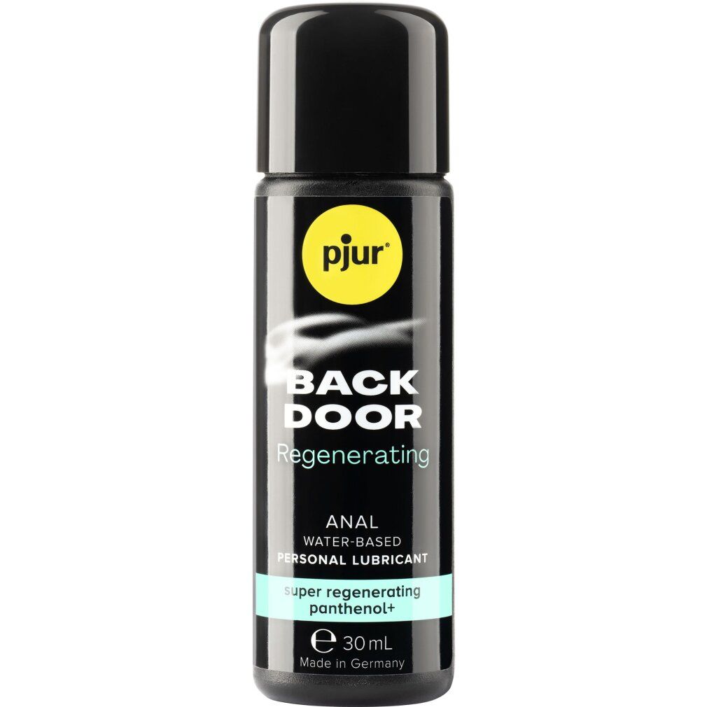Schwarze Flasche mit schwarzem Deckel. Aufschrift: pjur, BACK DOOR, Regenerating, ANAL WATER-BASED PERSONAL LUBRICANT, super regenerating panthenol+. 30 ml.