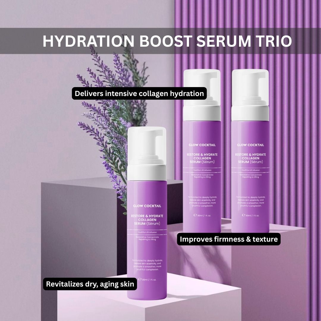 Drei lila Flaschen mit weißem Pumpkopf. Text: Glow Cocktail, Restore & Hydrate Collagen Serum. Auf lila Hintergrund.