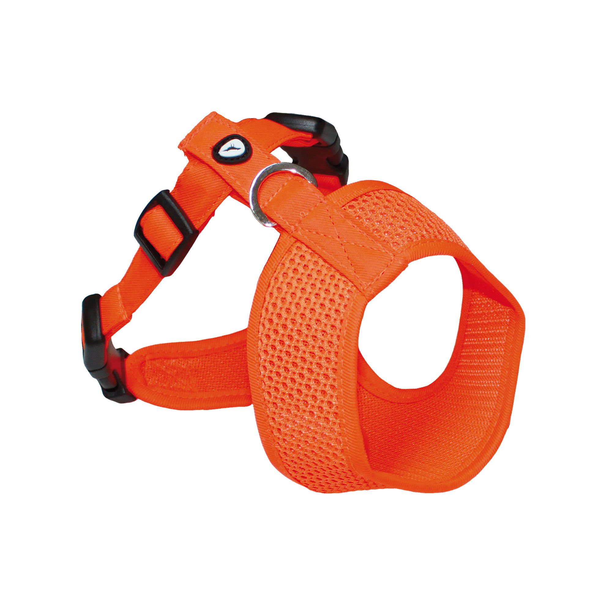 Orangefarbenes Hundegeschirr mit Mesh-Einsatz. Verstellbare Gurte und schwarze Schnallen. Metallring zur Leinenbefestigung.