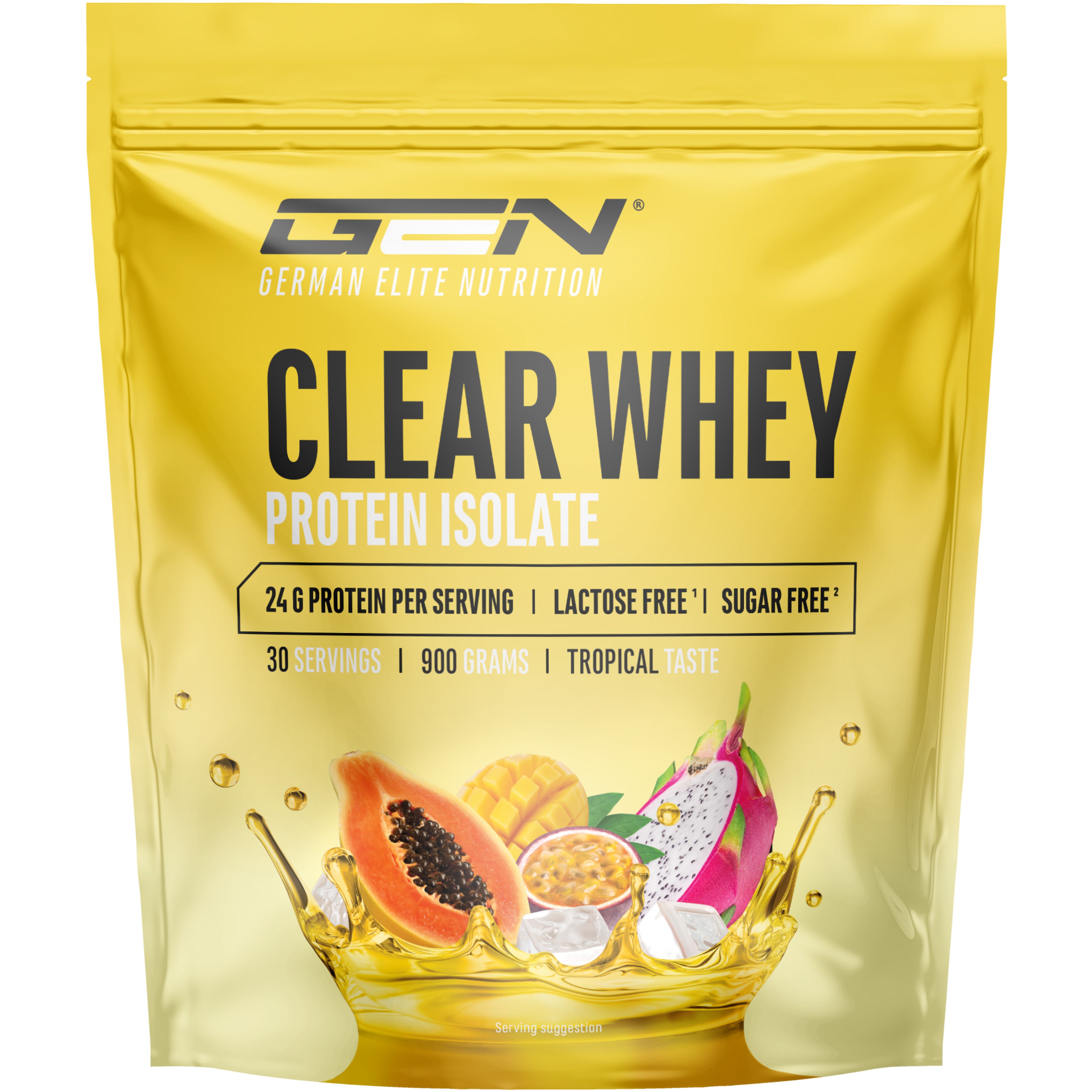 Gelbe Verpackung mit "GEN Clear Whey Protein Isolat". Enthält 24g Protein pro Portion, laktosefrei, zuckerfrei. Mit Früchten.