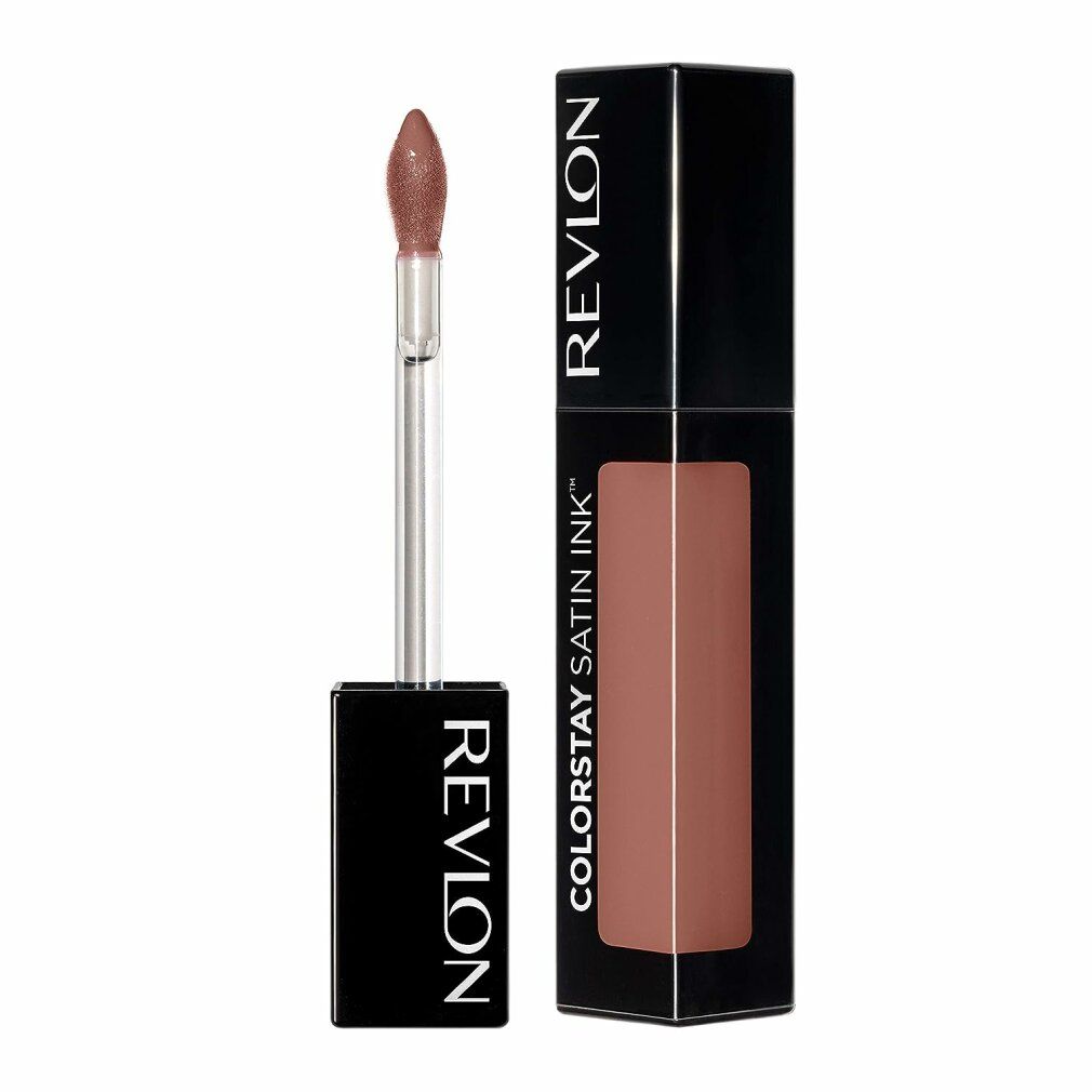 Lippenstift mit Applikator. Schwarze Verpackung mit "REVLON" und "COLORSTAY SATIN INK". Farbton: Braun.
