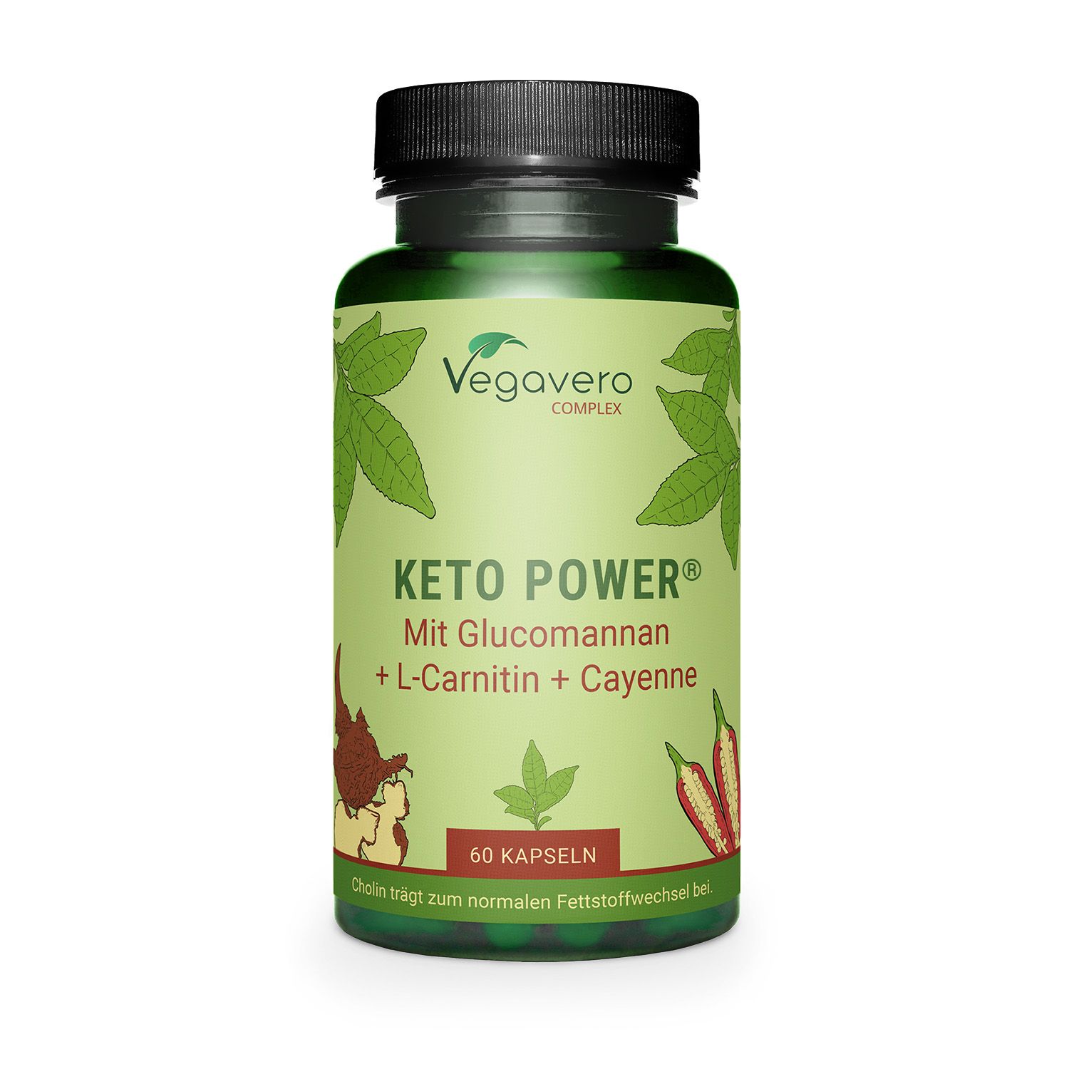 Grüne Flasche mit schwarzen Deckel. Aufschrift: Keto Power, 60 Kapseln. Marke: Vegavero.