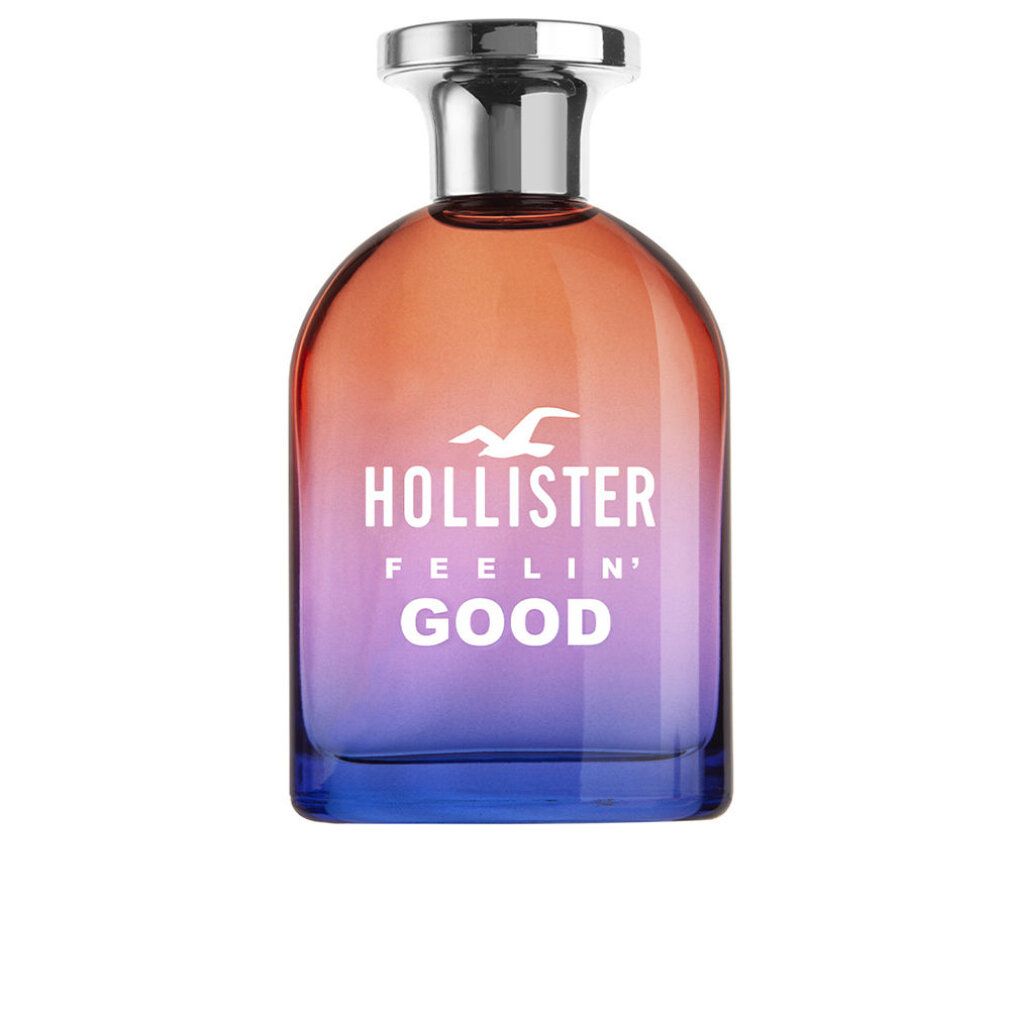 Flasche mit Farbverlauf von Orange nach Blau. Silberner Verschluss. Aufschrift: Hollister Feelin' Good.