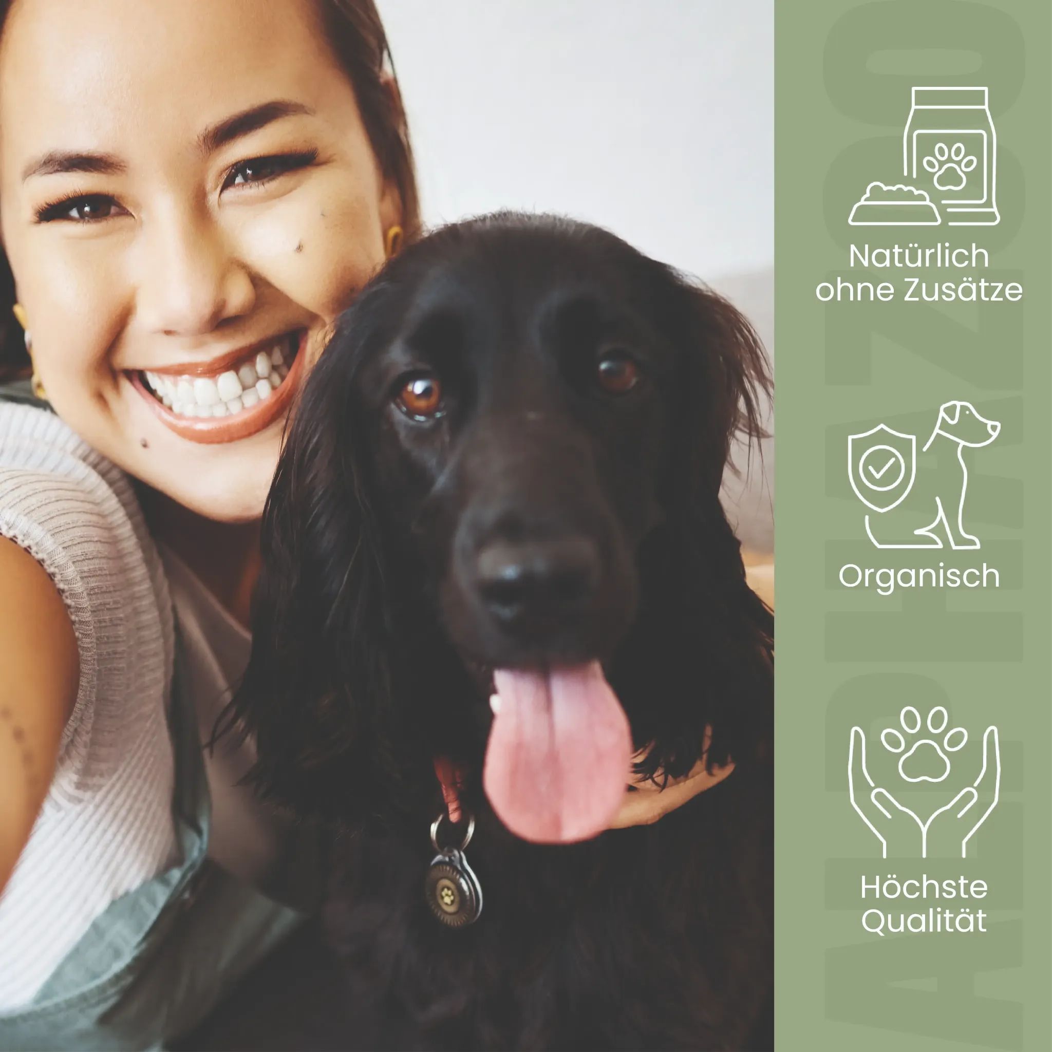 Frau macht Selfie mit schwarzem Hund. Symbole: Natürlich, Organisch, Höchste Qualität.