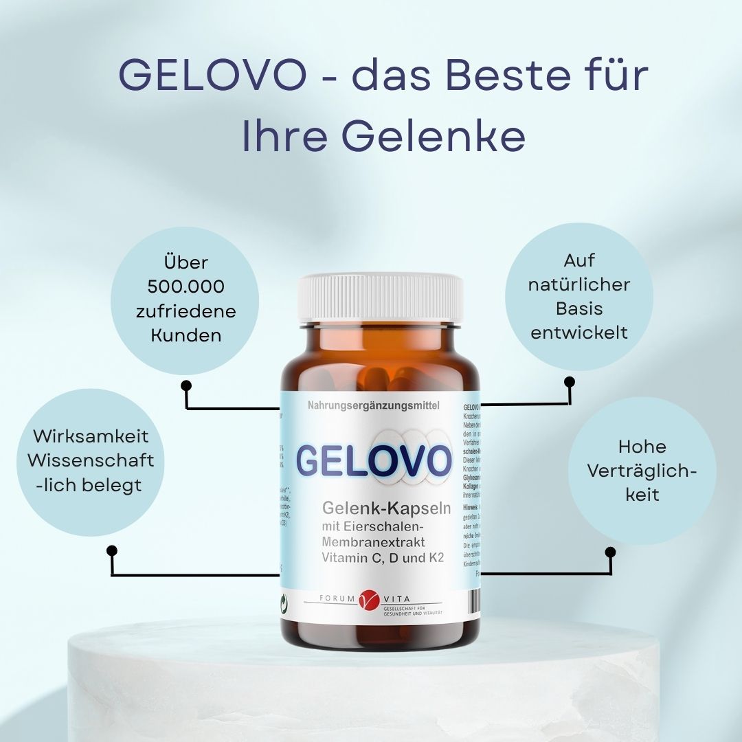 Eine Flasche GELOVO Gelenk-Kapseln. Braune Glasflasche mit weißem Deckel. Text: GELOVO, Gelenk-Kapseln, Vitamin C, D und K2. Icons: zufriedene Kunden, natürlich, hohe Verträglichkeit.