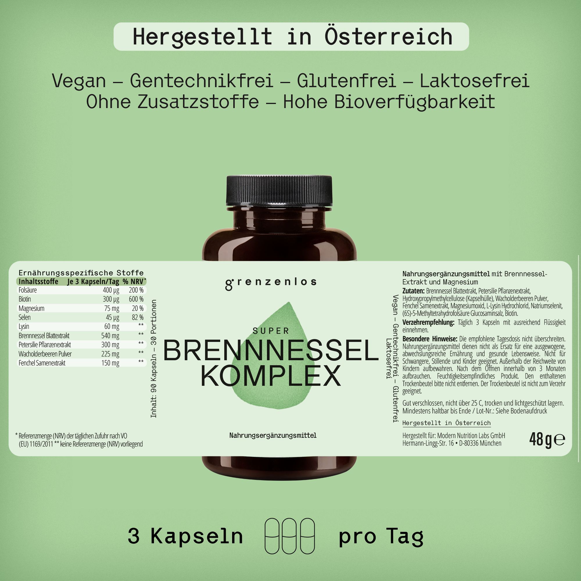 Braune Flasche mit schwarzen Deckel. Aufschrift: Super Brennnessel Komplex. 3 Kapseln pro Tag. Text: Hergestellt in Österreich.