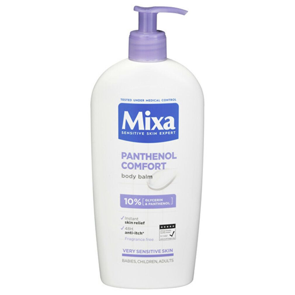Weiße Flasche mit lila Pumpe. Aufschrift: Mixa, Panthenol Comfort, Körperbalsam. Für sehr empfindliche Haut.