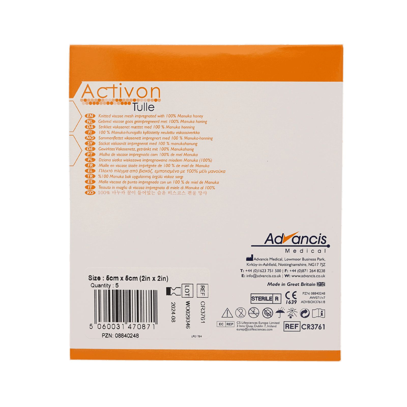 Rückseite der Activon Tulle Verpackung. Enthält Informationen und Symbole. Größe: 6 x 6 cm. Menge: 5.