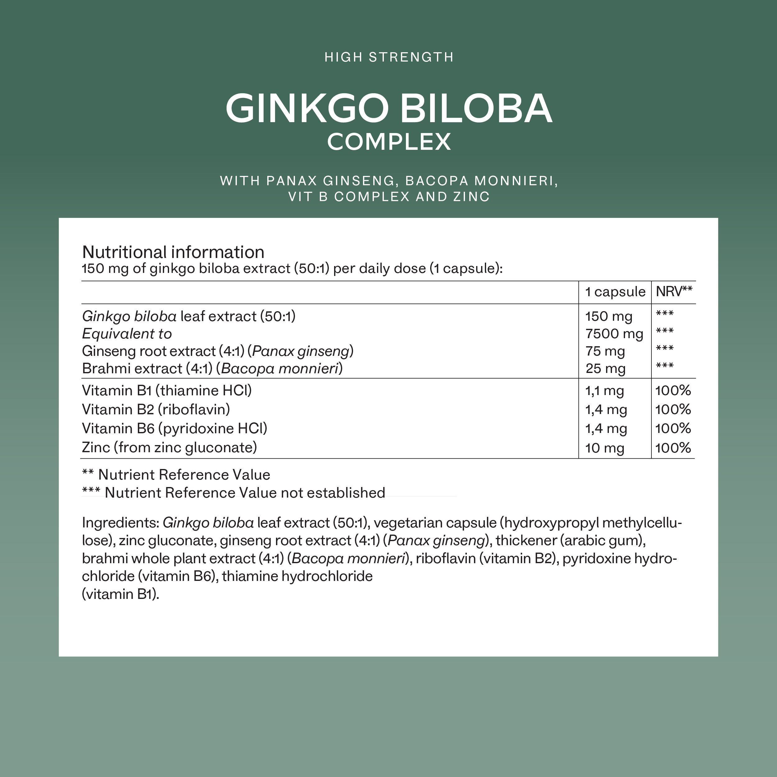 Text auf grünem Hintergrund. Enthält Informationen zu Nährwerten und Inhaltsstoffen. Ginkgo Biloba, Ginseng, Bacopa, Vitamin B.