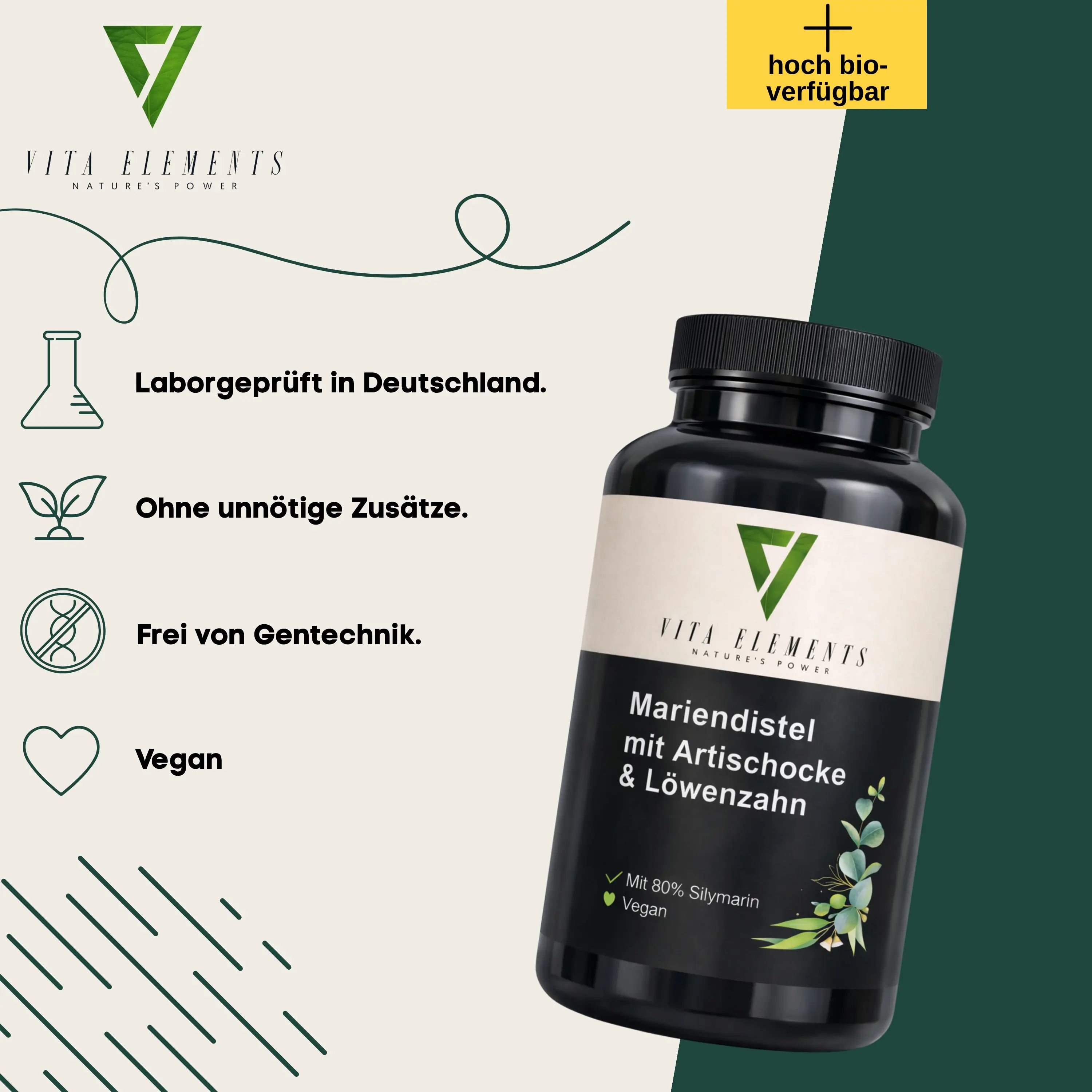 Vita Elements Mariendistel Kapseln Dose. Links: Laborgeprüft, ohne Zusätze, Gentechnikfrei, Vegan.