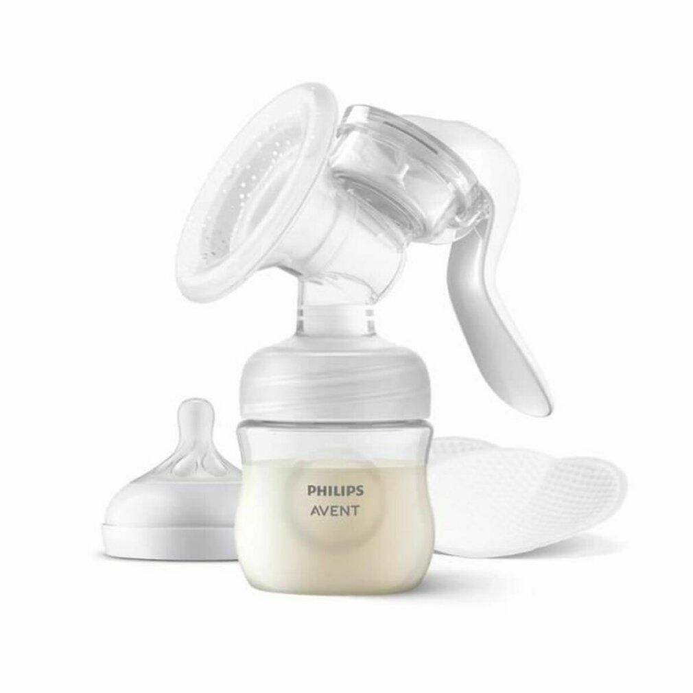 Manuelle Milchpumpe Philips Avent. Besteht aus Pumpe, Flasche, Brusthaube und Deckel. Aufschrift: PHILIPS AVENT.