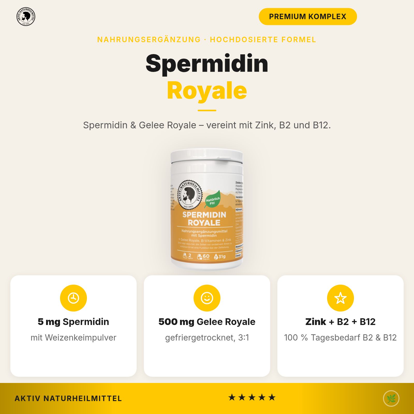 Spermidin Royale Nahrungsergänzungsmittel in weißer Dose mit gelbem Etikett. Enthält 5 mg Spermidin, 500 mg Gelee Royale und Zink + B2 + B12.