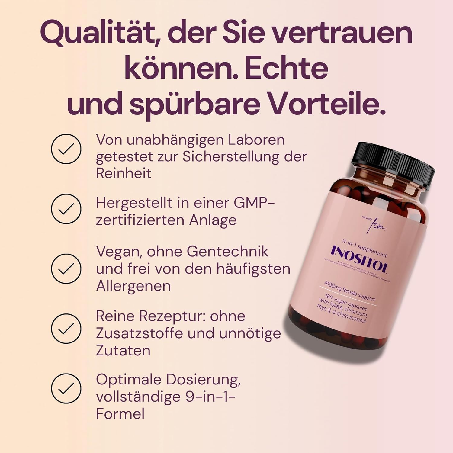 Flasche mit rosa Etikett neben einer Liste von Qualitätsmerkmalen wie 'Vegan' und 'GMP-zertifiziert'.
