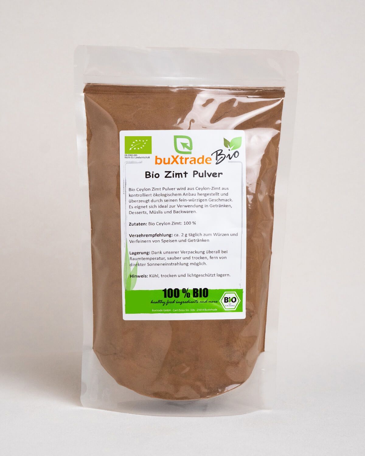 Verpackung mit Bio Ceylon Zimt Pulver. Enthält EU-Bio-Siegel und "100% BIO".