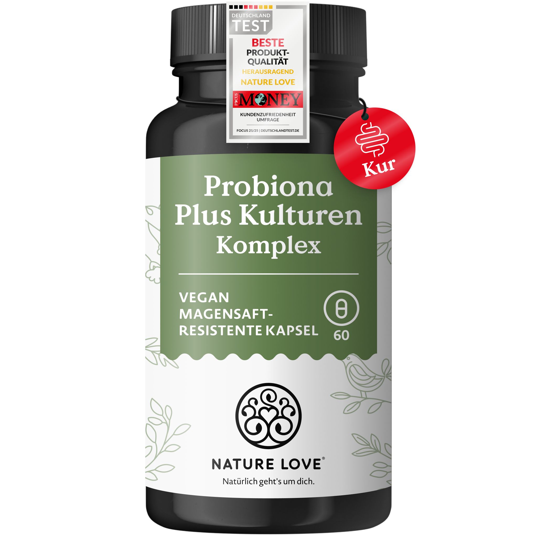 Flasche Probiona Plus Kulturen Komplex mit Siegeln 'Deutschland Test' und 'Beste Produkt-Qualität'.